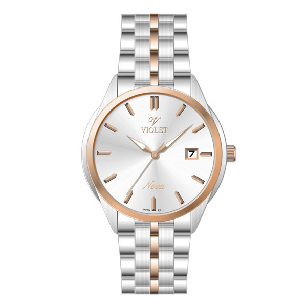 ساعت مچی ویولت، مردانه تک موتوره،گرد فلزی،دورنگ استیل رزگلد،صفحه نقره ای، مدل 32766