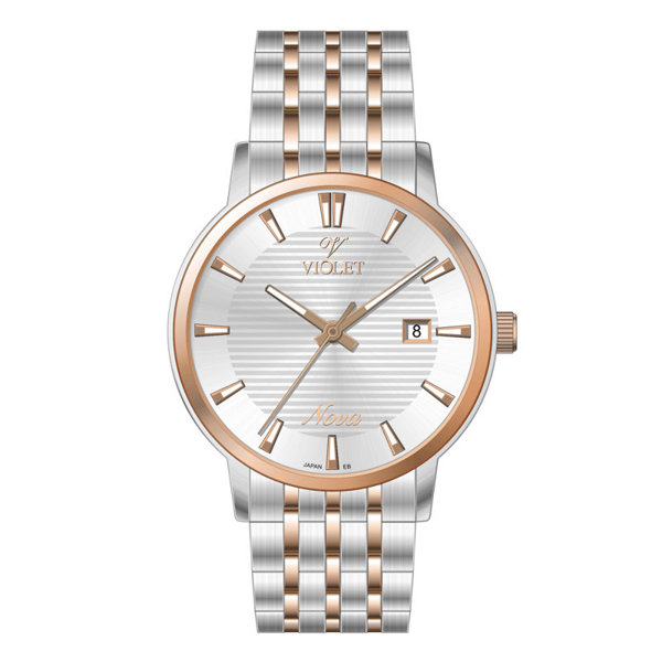 ساعت مچی ویولت، مردانه تک موتوره،گرد فلزی،دورنگ استیل رزگلد،صفحه نقره ای، کد 32762/2 