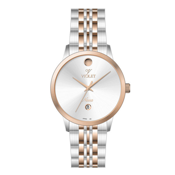 ساعت مچی ویولت، مردانه تک موتوره،گرد فلزی،دورنگ استیل رزگلد،صفحه نقره ای، کد 32758/2