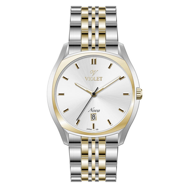 ساعت مچی ویولت، مردانه تک موتوره،گرد فلزی،دورنگ استیل طلایی،صفحه نقره ای کد 32754/2