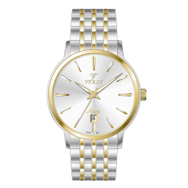 ساعت مچی ویولت، مردانه تک موتوره،گرد فلزی،دورنگ استیل طلایی،صفحه نقره ای کد 32764/2