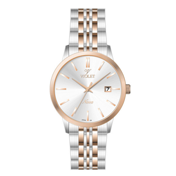 ساعت مچی ویولت، مردانه تک موتوره،گرد فلزی،دورنگ استیل رزگلد،صفحه نقره ای، کد 32760/2