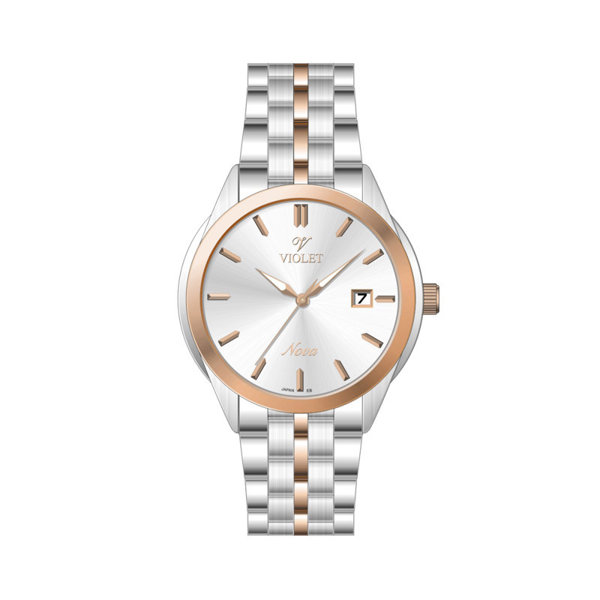 ساعت مچی ویولت، زنانه تک موتوره،گرد فلزی،دو رنگ استیل رزگلد،صفحه نقره ای مدل 32766/2