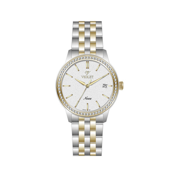ساعت مچی ویولت، زنانه تک موتوره،گرد فلزی،دو رنگ استیل طلایی،صفحه نقره ای کد 32753/2