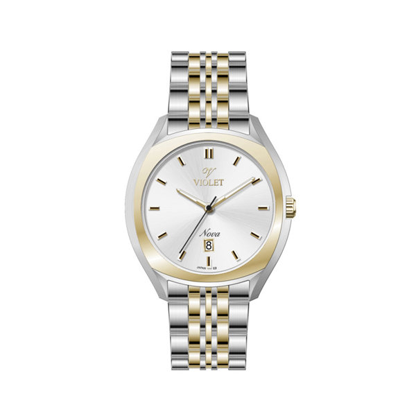 ساعت مچی ویولت، زنانه تک موتوره،گرد فلزی،دو رنگ استیل طلایی،صفحه نقره ای کد 32754/2