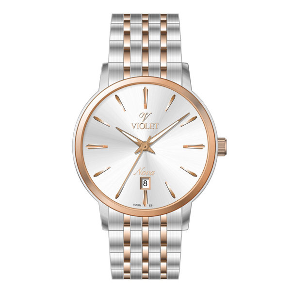 ساعت مچی ویولت، زنانه تک موتوره،گرد فلزی،دو رنگ استیل رزگلد،صفحه نقره ای کد 32764/2