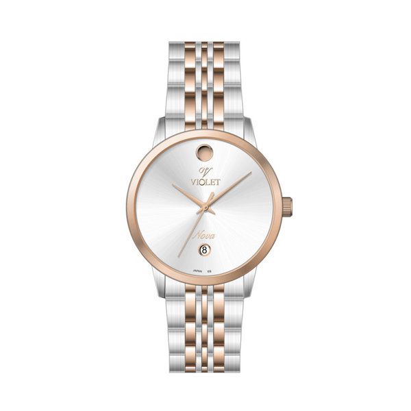 ساعت مچی ویولت، زنانه تک موتوره،گرد فلزی،دو رنگ استیل رزگلد،صفحه نقره ای کد 32758/2