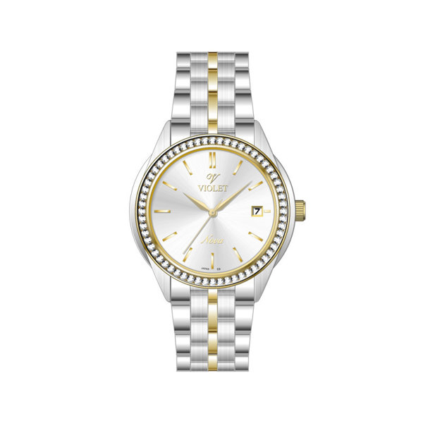 ساعت مچی ویولت، زنانه تک موتوره،گرد فلزی،دو رنگ استیل طلایی،صفحه نقره ای کد 32769/2