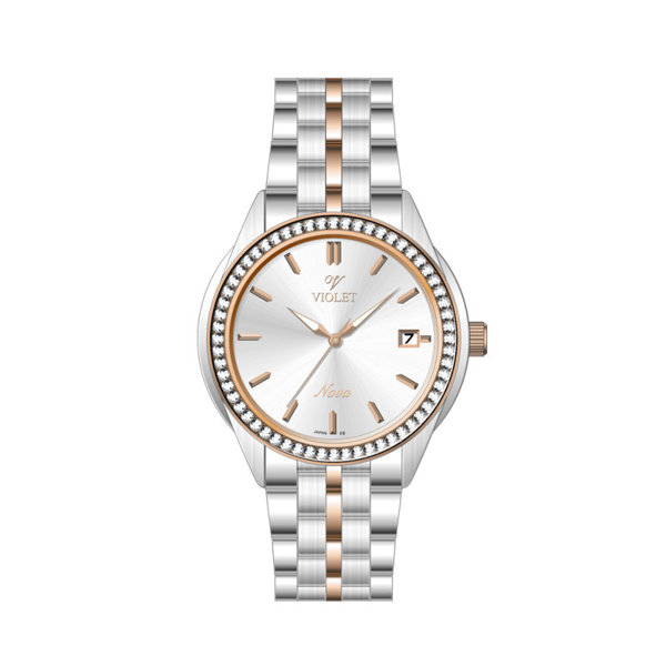 ساعت مچی ویولت، زنانه تک موتوره،گرد فلزی،دو رنگ استیل رزگلد،صفحه نقره ای کد 32767/2