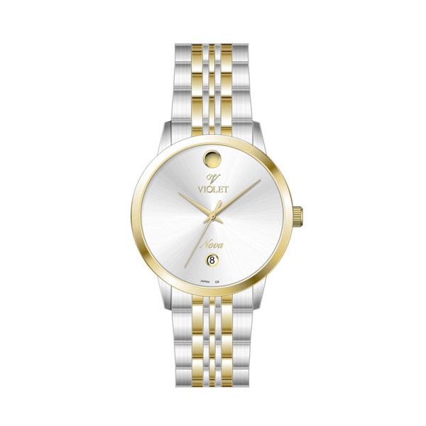 ساعت مچی ویولت، زنانه تک موتوره،گرد فلزی،دو رنگ استیل طلایی،صفحه نقره ای کد 32758/2