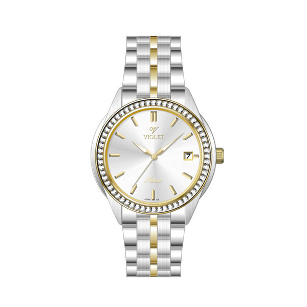 ساعت مچی ویولت، زنانه تک موتوره،گرد فلزی،دو رنگ استیل طلایی،صفحه نقره ای کد 32767/2