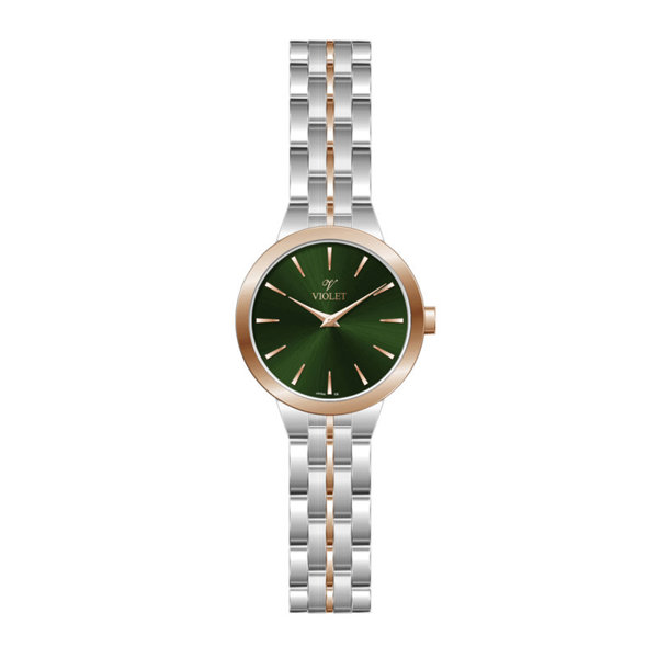 ساعت مچی ویولت، زنانه تک موتوره،گرد فلزی،دورنگ رزگلد، صفحه سبز کد 0645/2