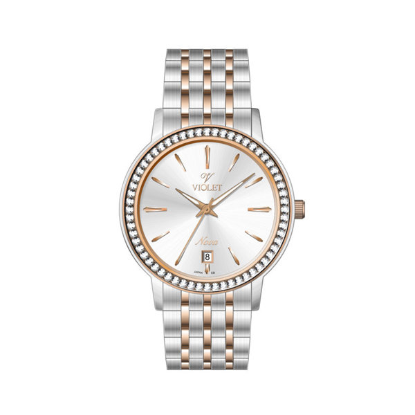 ساعت مچی ویولت، زنانه تک موتوره،گرد فلزی،دو رنگ استیل رزگلد،صفحه نقره ای کد 32765/2