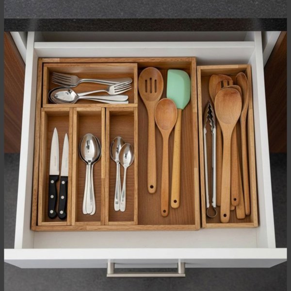 جای قاشق و چنگال و کفگیر ملاقه چوبی کشو متحرک 6 خانه هایلو 