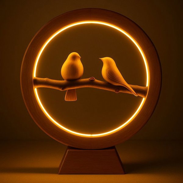 آباژور رومیزی چوبی دست‌ساز طرح دو پرنده عاشق با چوب راش، یک مجسمه نوری هنری برای ایجاد فضایی گرم و رمانتیک