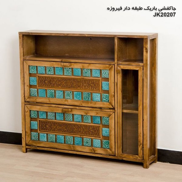 جاکفشی چوبی باریک فیروزه ای مدل JK20207، جاکفشی با طراحی سنتی، دارای طبقه های برای نگهداری کفش و جزییات مربوطه