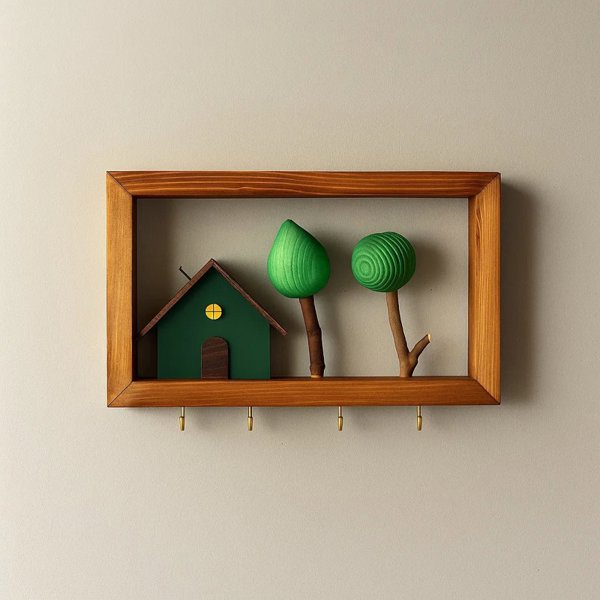 جاکلیدی طرح کلبه و درخت، جاکلیدی تماما دست ساز طرح کلبه و درخت با طراحی فانتزی و بسیار دلنشین، رنگ سبز تیره