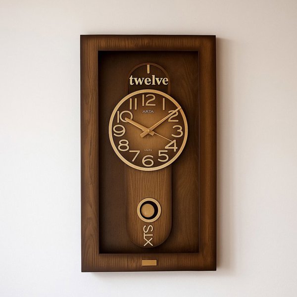  ساعت دیواری آرتا Arta کد 712، ساعت دیواری چهارگوش چوبی، دارای پاندول و اعداد لاتین و موتور آرامگرد، رنگ قهوه ای