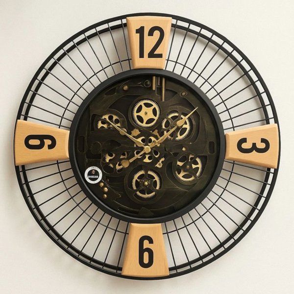 ساعت دیواری داروین مدل 8021 با چرخ‌دنده‌های متحرک، ساعت دیواری لوکس سایز 85 سانت، ترکیبی از چوب و فلز با 5 سال ضمانت کامل