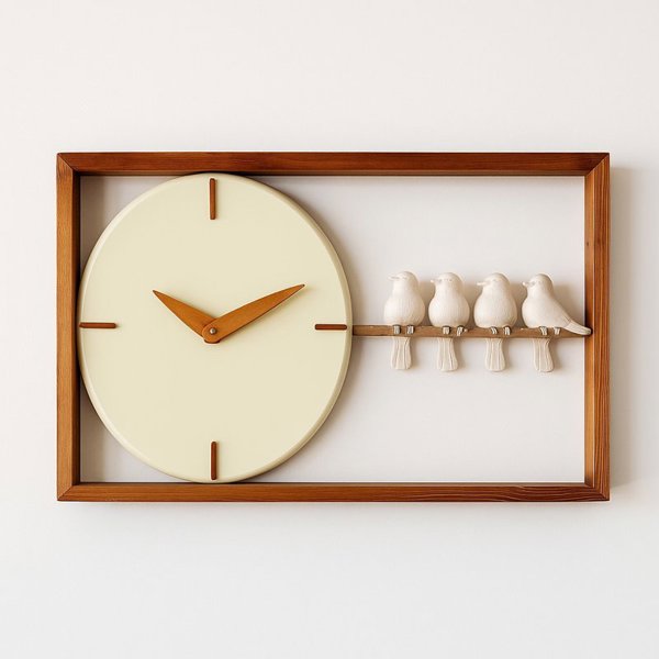 ساعت دیواری دست ساز چوبی با چهار پرنده کد 182