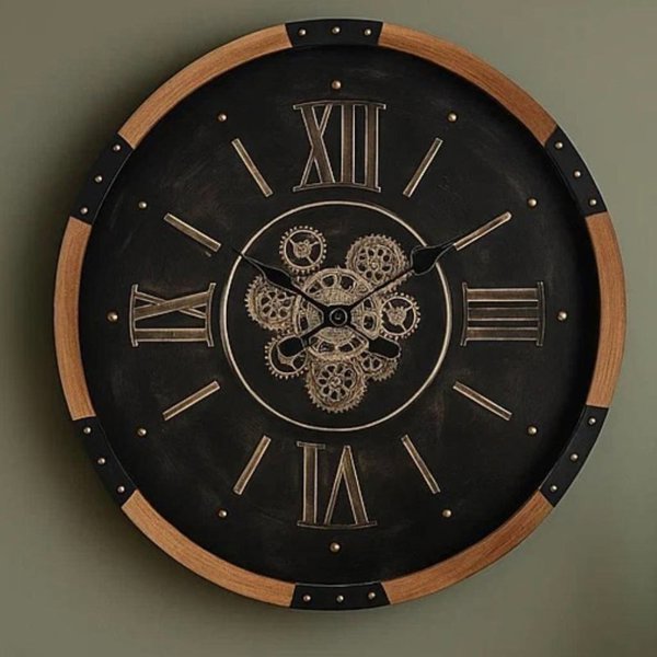 ساعت دیواری والتر Walther کد 6117| ساعت دیواری بی نظیر و چرخ دنده دار با موتور آرامگرد، طراحی خلاقانه، ترکیب چوب و فلز در متریال ساعت