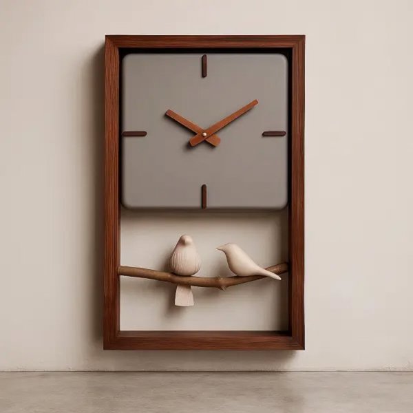 ساعت دیواری چوبی دست‌ساز با طرح هنری دو پرنده کد 178، قاب مستطیلی | نمادی از عشق و آرامش در خانه شما