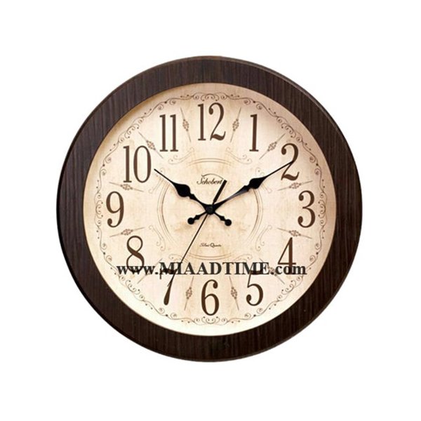 ساعت دیواری چوبی شوبرت مدل 5164، ساعت دیواری گرد چوبی صفحه طرح دار، رنگ فندوقی