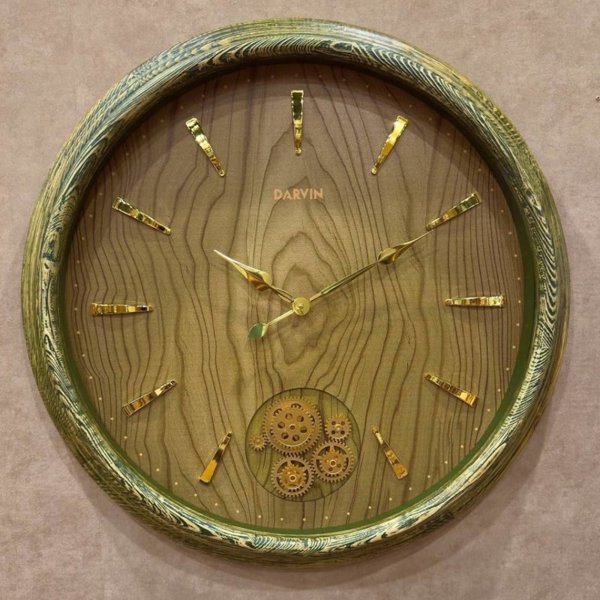 ساعت دیواری چوبی لوکس داروین مدل 7302 با چرخ‌دنده‌های متحرک، طراحی هنری دو قسمتی، سایز بزرگ 70 سانت با 5 سال ضمانت