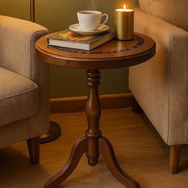 میز گرد چوبی کیهان کوچک مدل 1780، میز خاطره چوبی و پایه بلند زیبا، متریال چوب روس و صفحه تماما چوب، وزن پایین و امکان حمل راحت میز